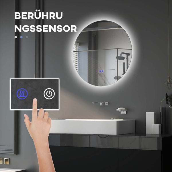 kleankin Badspiegel mit Beleuchtung, Wandspiegel mit 3 Lichtfarben, IP44 Lichtspiegel mit Touch-Schalter, Memory-Funktion, Badezimmerspiegel mit Anti-Beschlag, Ø60 x 3,5 cm