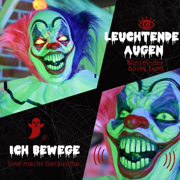 Animierter Halloween-Clown mit leuchtenden Augen und Soundeffekten