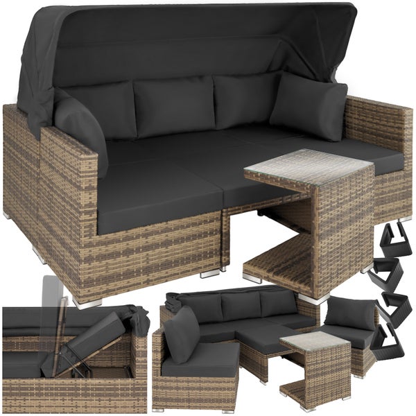 Rattan Lounge tectake San Marino mit Sicherheitsglasplatte, variabel aufstellbar mit Aluminiumgestell natur