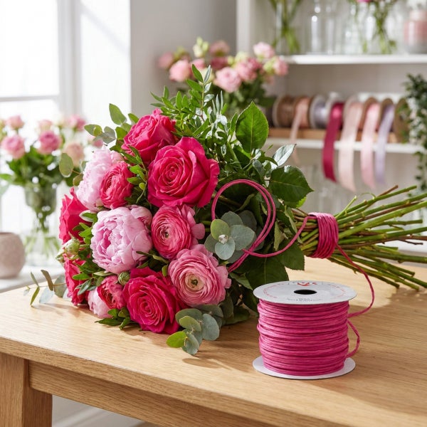 Ein Blumenstrauß aus rosa und pinken Rosen und Pfingstrosen mit einer passenden Rolle Zierschnur auf einem Holztisch in einem Blumenladen.