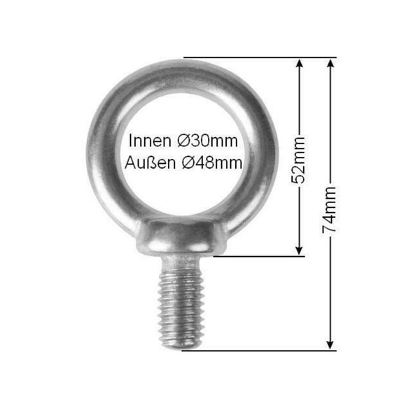 Ringschraube aus Metall mit Innen Durchmesser 30 Millimeter und Außen Durchmesser 48 Millimeter sowie einer Gesamtlänge von 74 Millimeter