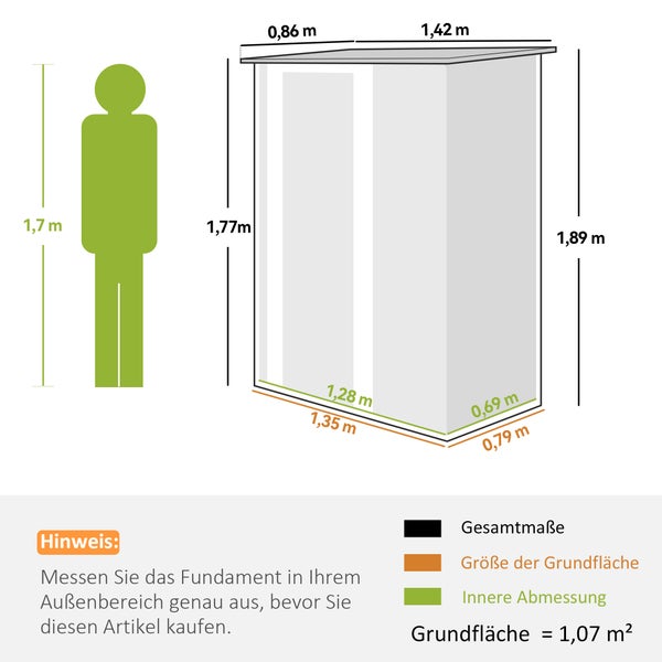 Maßzeichnung für ein Gerätehaus: Außenmaße 1,42 mal 0,86 mal 1,89 Meter, Grundfläche 1,07 Quadratmeter, mit Person zum Größenvergleich.