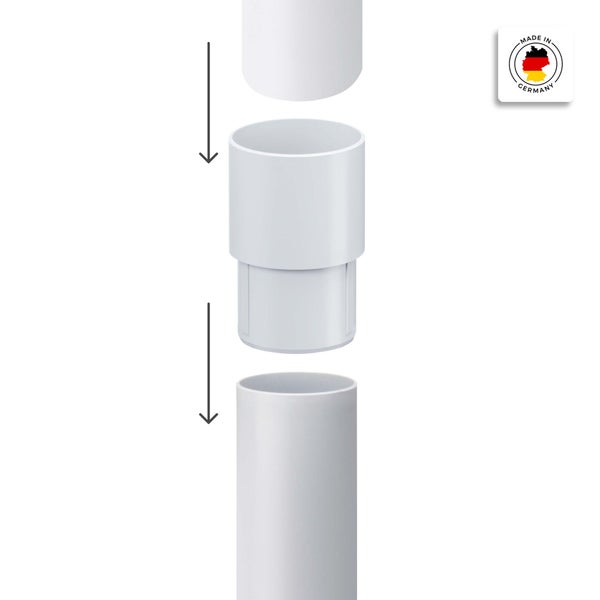 Rohrverbinder aus Kunststoff mit Montagediagramm und Made in Germany Siegel.