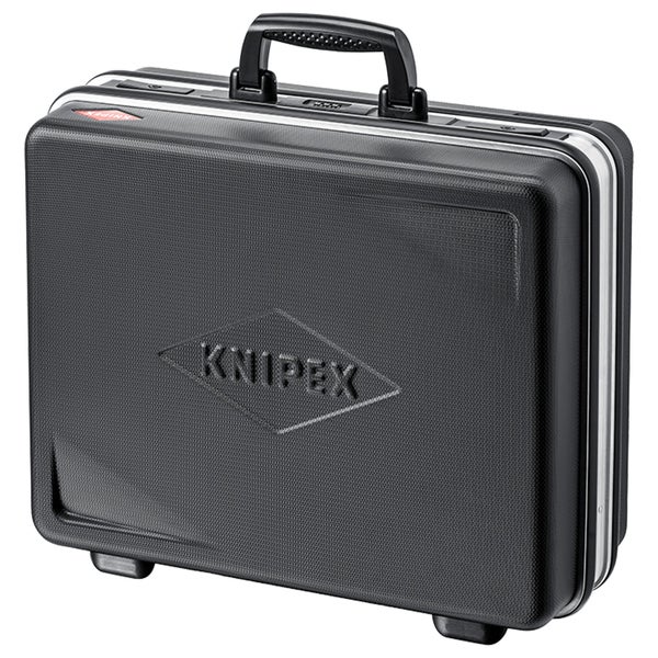 Schwarzer Knipex Werkzeugkoffer aus robustem Kunststoff mit geprägtem Logo, Tragegriff und stabilem Aluminiumrahmen.