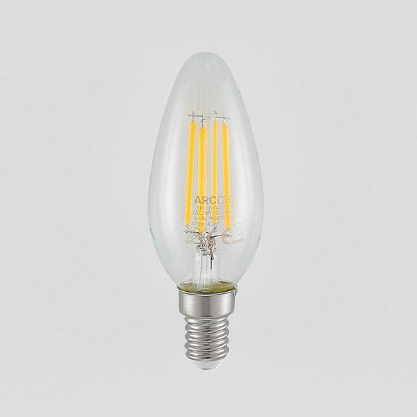 LED-Filament-Leuchtmittel E14 in Kerzenform C35 mit 4 Watt und 470 Lumen aus klarem Glas von Arcchio.