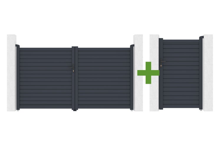 Set aus zweiflügeligem Einfahrtstor und einflügeliger Gartentür mit horizontalen Lamellen in Anthrazit.