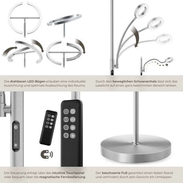 Produktdetails der Stehlampe: drehbare LED-Bögen, flexibler Schwanenhals, Touchpanel, magnetische Fernbedienung und beschwerter Fuß