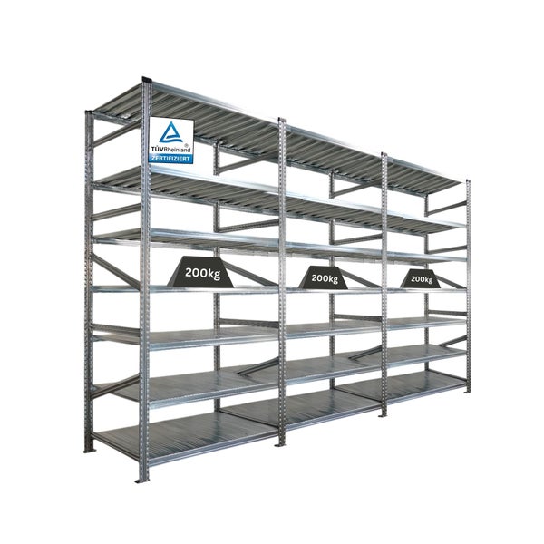 Metallregal mit mehreren Ebenen und TÜV Rheinland Zertifizierung