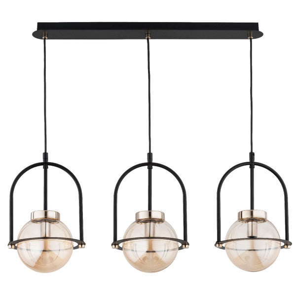 Drei flammige Pendelleuchte in modernem Design mit runden Glaskugeln und Metallgestell zur Deckenmontage