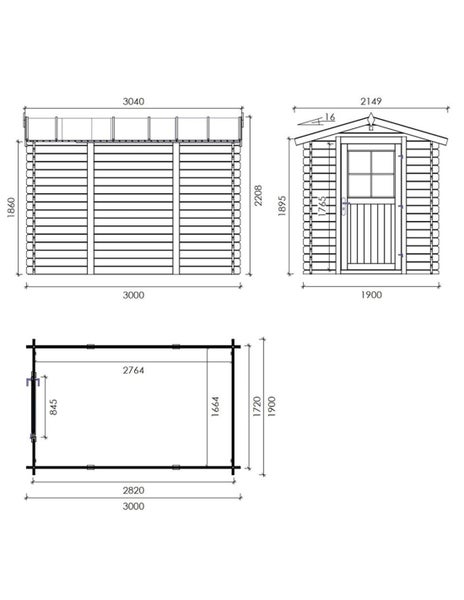 Technische Zeichnung mit Maßangaben eines Gartenhauses aus Holz mit Tür und Satteldach.
