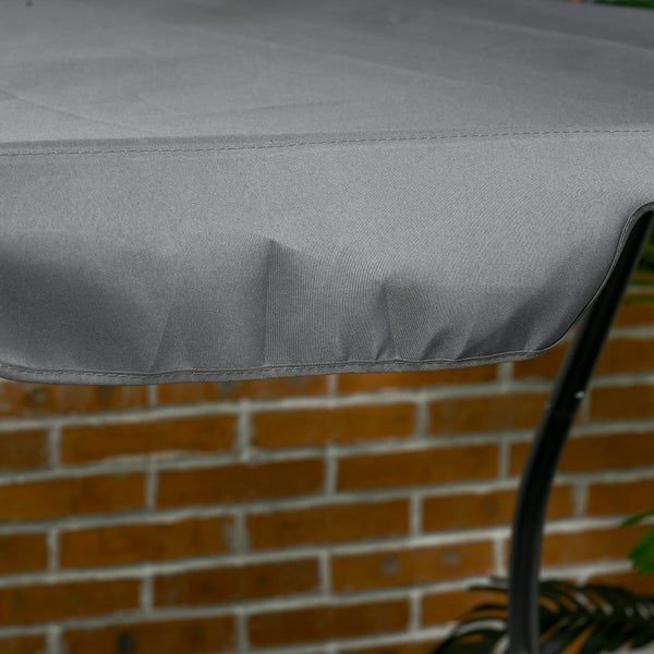 Graues Textildach einer Gartenschaukel, Detailansicht des Saums.