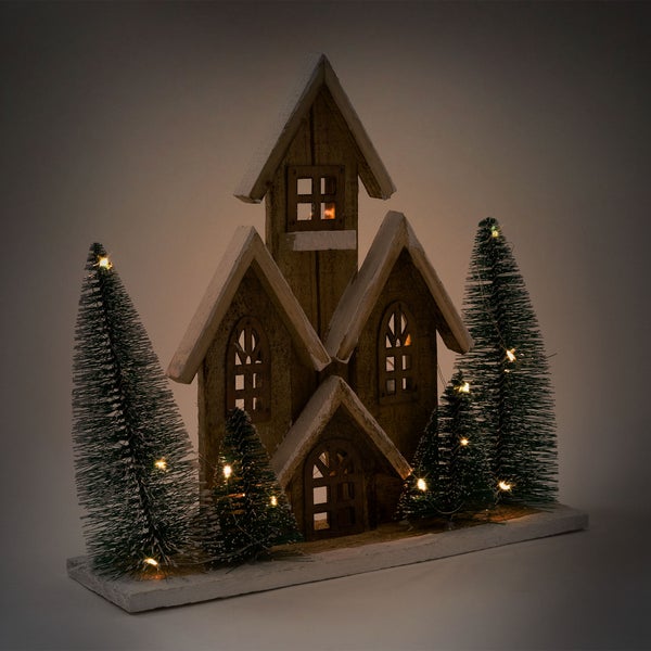 ECD Germany Holz-Weihnachtshaus mit LED-Beleuchtung, Warmweiß, 32x9x30 cm, batteriebetrieben, Timer, Deko Holzhaus 4 Tannen, Dekorative Winterhaus beschneit, Weihnachtsdeko Innen, Weihnachtsdekoration
