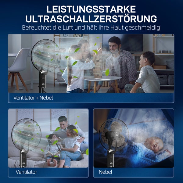 Standventilator mit Sprühnebelfunktion zur Luftbefeuchtung, dargestellt in Wohnzimmer und Schlafzimmer mit Familie und Baby. HOMCOM Logo.