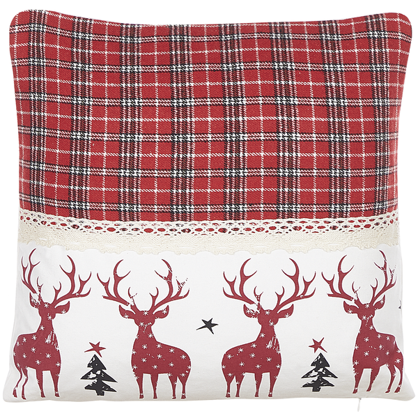 Dekokissen mit Weihnachtsmotiv, oben rot-schwarz kariert, unten weiß mit roten Rentieren und weißer Spitzenborte.