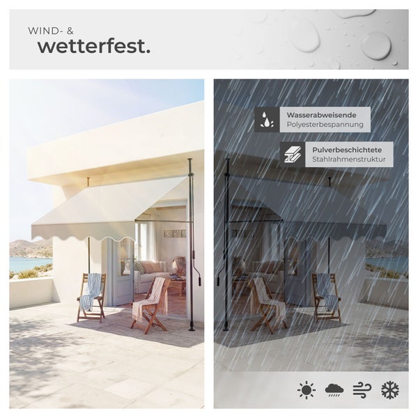 Wind- und wetterfeste Klemmmarkise mit wasserabweisender Polyesterbespannung und pulverbeschichtetem Stahlrahmen auf einer Terrasse.