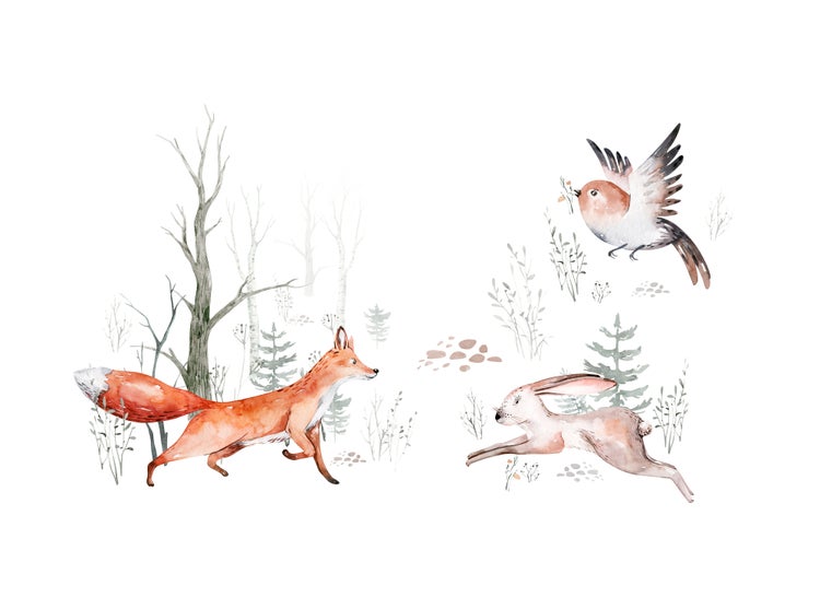 Wandtattoo mit Waldtieren im Aquarell-Stil wie Fuchs, Hase und Vogel sowie Bäumen und Sträuchern.