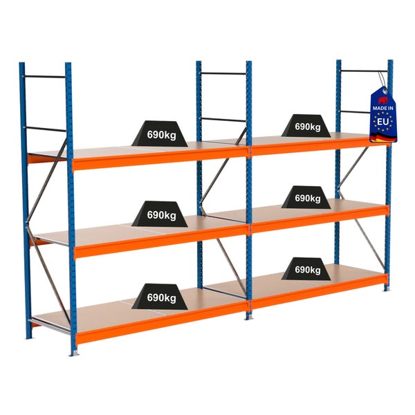 Regal mit drei Ebenen und Gewichtsangabe 690 Kilogramm pro Ebene, Hergestellt in der EU Kennzeichnung