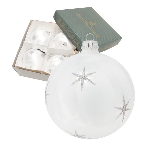 Eislack weiß 10cm Glaskugel mundgeblasen und handdekoriert mit Sternen (4 Stück), 4 Stck., Weihnachtsbaumkugeln, Christbaumschmuck, Weihnachtsbaumanhänger