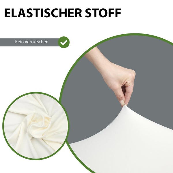 Infografik zeigt einen elastischen Stoff für Polsterbezüge, der ein Verrutschen verhindert.