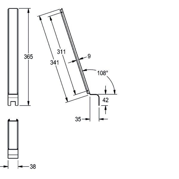 Technische Zeichnung mit Maßen in Millimeter: Gesamtlänge 365, Breite 38, Winkel 108 Grad, Detailmaße 341, 311, 35 und 42.