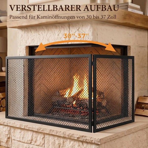 Verstellbarer Funkenschutz aus Metall für Kaminöffnungen von 30 bis 37 Zoll vor einem brennenden Kamin.