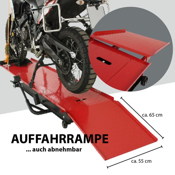 Motorrad auf roter Hebebühne mit abnehmbarer Auffahrrampe und Maßangaben