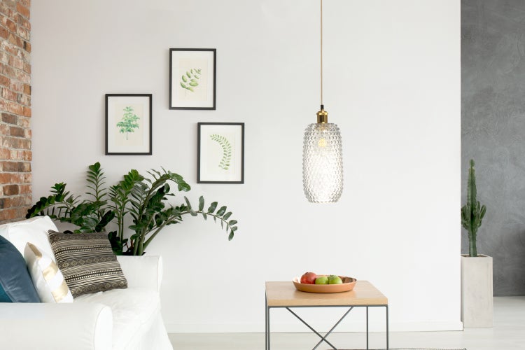 Retro Hängelampe aus Glas schmal, Vintage Pendelleuchte klar gold 27 cm | Wohnzimmer Esszimmer Leuchte