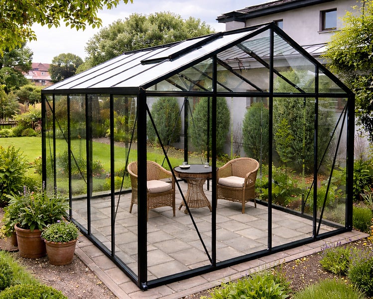 Großes Gartenhaus aus Glas mit schwarzem Aluminiumrahmen, Korbsesseln und Tisch auf gepflastertem Boden in einem hellen Garten.
