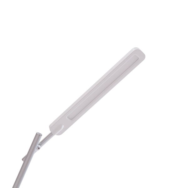Nahaufnahme eines schmalen, rechteckigen LED-Lampenkopfes in Weiß mit einem silbernen Metallarm.