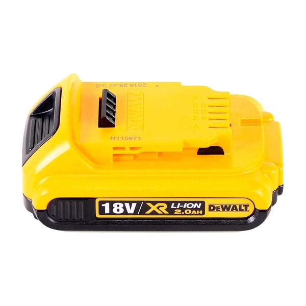 DeWalt Akku 18 Volt XR Lithium-Ionen mit 2.0 Amperestunden und DeWalt Logo.