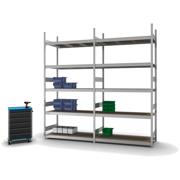 PROREGAL Weitspannregal Stecksystem T-Profil Grundregal HxBxT 300x150x60 cm 5 Ebenen Spanplatten Fachboden Fachlast 350 kg Verzinkt
