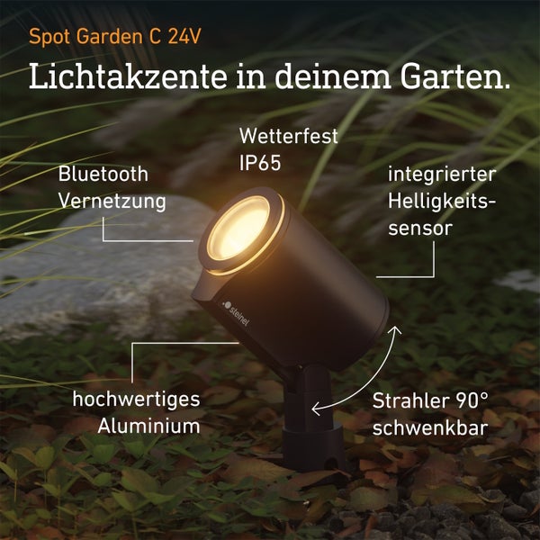 Steinel Spot Garden C 24V LED Gartenstrahler aus Aluminium, schwenkbar um 90 Grad, wetterfest IP65, Bluetooth-Vernetzung und Helligkeitssensor.