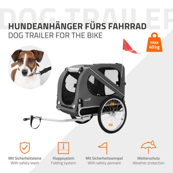 Fahrradanhänger für Hunde mit Sicherheitsleine, Klappsystem, Sicherheitswimpel und Wetterschutz.