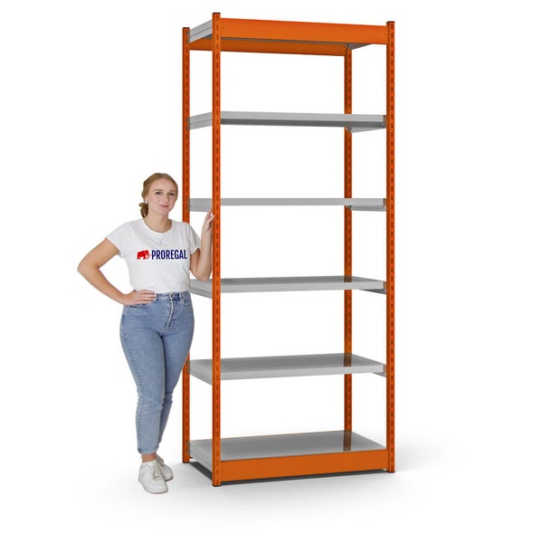 PROREGAL Fachbodenregal Stecksystem Vierkant-Profil Grundregal HxBxT 250 x 102,5 x 50 cm 6 Ebenen Einseitige Bauart Fachlast 200 kg Orange