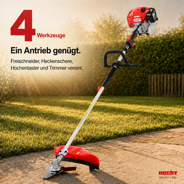 Hecht 1352 4-in-1 Multifunktionsgerät mit Freischneider, Heckenschere, Hochentaster und Trimmer auf einem Weg in einem hellen Garten.