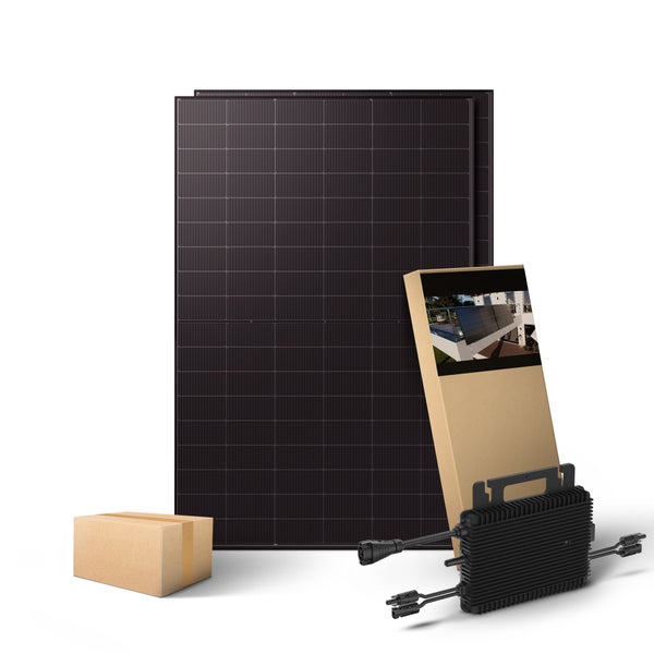 Balkonkraftwerk Set mit Solarmodulen, Wechselrichter und Zubehör für die eigene Stromerzeugung.