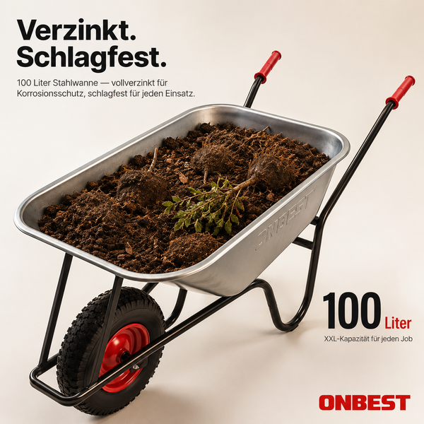ONBEST Schubkarre mit 100 Litern Fassungsvermögen und verzinkter Stahlwanne, gefüllt mit Erde und Pflanzen. ONBEST Logo.