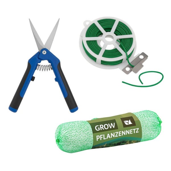 Gartenset mit einer Gartenschere, einem Bindedrahtspender und einem Pflanzennetz