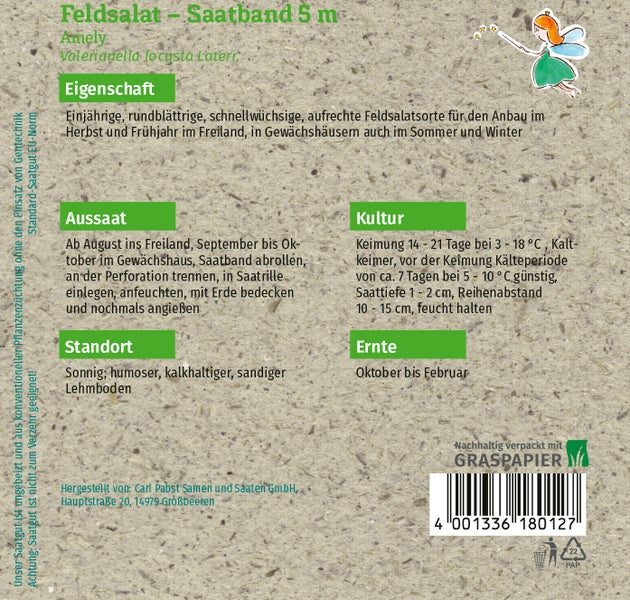 Rückseite der Verpackung von Feldsalat Amely Saatband 5 Meter mit Anbauanleitung, Hinweisen zu Standort, Aussaat und Ernte auf Graspapier.