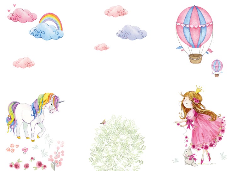 Wandsticker-Set für Kinderzimmer mit Motiven von Einhorn, Prinzessin, Heißluftballon, Regenbogen, Wolken und Blumen im Aquarell-Stil.