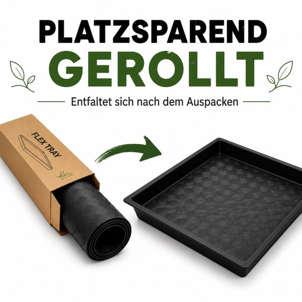 Schwarze Flex Tray Mehrzweckwanne, platzsparend gerollt, entfaltet sich nach dem Auspacken zu einer quadratischen Form.