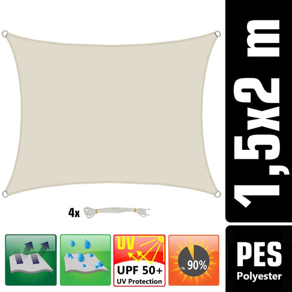 Rechteckiges Sonnensegel aus Polyester, 1,5 mal 2 Meter, 4 Seile, UV-Schutz 50 plus, wasserabweisend, circa 90 Prozent Abschattung.