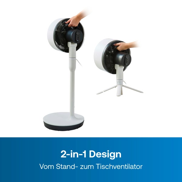 Weißer 2-in-1 Ventilator, nutzbar als Standventilator mit rundem Standfuß oder als Tischventilator mit Dreibein-Stativ.