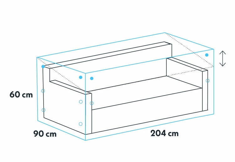 Illustration eines Sofas mit den Maßen 204 cm Länge, 90 cm Breite und 60 cm Höhe