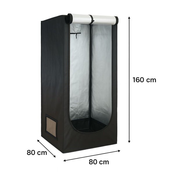Schwarzes Growzelt mit silberner Innenseite, Maße 80 mal 80 mal 160 Zentimeter, mit aufgerolltem Eingang und Sichtfenster.