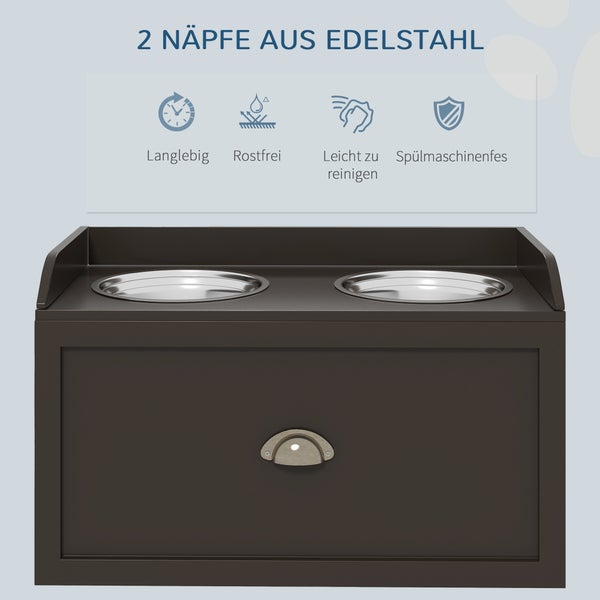 Futterstation mit zwei Edelstahlnäpfen, langlebig, rostfrei, leicht zu reinigen und spülmaschinenfest.