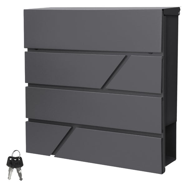 Moderner Wandbriefkasten in Anthrazit mit integriertem Zeitungsfach und zwei Schlüsseln.