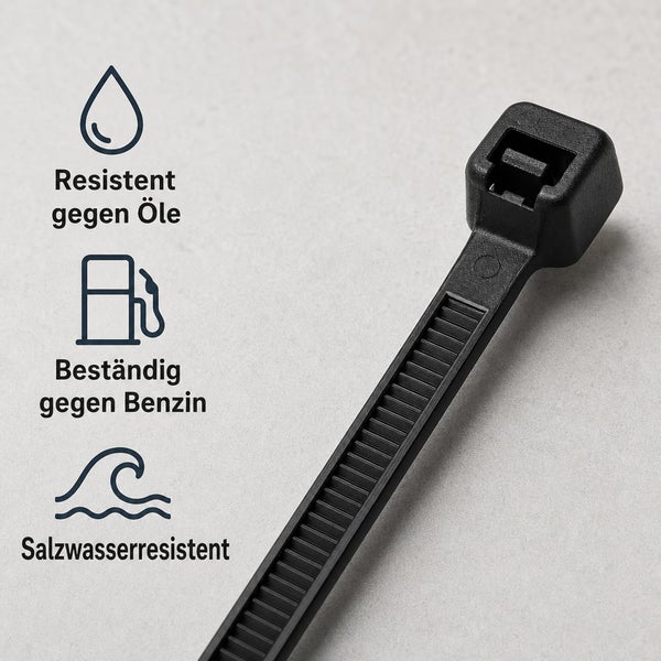 Kabelbinder mit Informationen zur Beständigkeit gegen Öl, Benzin und Salzwasser