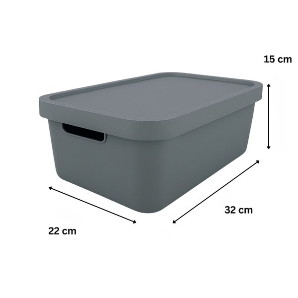 Aufbewahrungsbox aus Kunststoff mit Deckel und den Maßen 32 mal 22 mal 15 Zentimeter