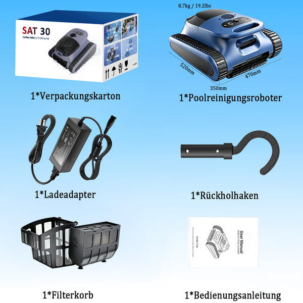 Poolreinigungsroboter-Set bestehend aus Roboter, Verpackung, Ladeadapter, Rückholhaken, Filterkorb und Bedienungsanleitung.